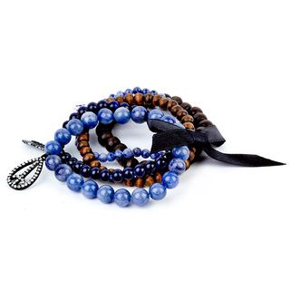 Brown/ Blue Bead Peace, Evil Eye and Feather Stretch Bracelet Set West Coast Jewelry Fashion Bracelets