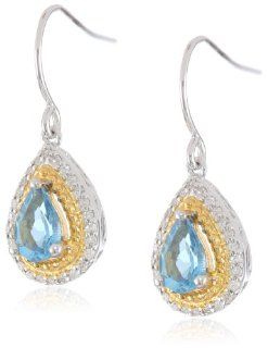 Sterling Silver with Yellow Gold Plated Swiss Blue Topaz and Diamond Accented Dangle Earrings Jewelry
