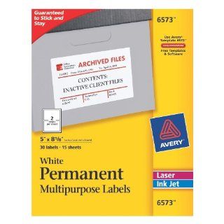 Avery White Permanent ID Labels for Laser and Inkjet Printers, 5 x 8.125 Inch, Pack of 30 (6573)  Permanent White Durable Labels For Laser Printers 