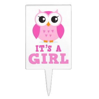 Cute pink owl cartoon its a girl baby shower rectangular cake toppers