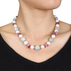 Miadora Sterling Silver 51ct TGW Multicolor Gemstone Pearl Necklace Miadora Pearl Necklaces