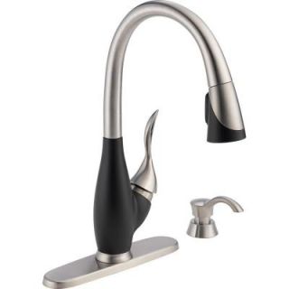Delta Satori EZ Anchor Single Handle Pull Down Sprayer Kitchen Faucet in Stainless/Black with Soap Dispenser 19915 SBSD DST