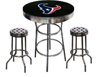 Houston Texans Logo Themed Glass Top Chrome Bar Pub Table Set with 2 Swivel Bar Stools   Home Bars