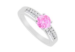 Engagement Ring Pink Sapphire with Channel Set Cubic Zirconia in 14K White Gold 1.25 Carat TGW Jewelry