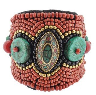 Tibetan Brass Coral Turquoise Beaded Cotton Wrap Bracelet, Coral Cuff Bracelet#29 Jewelry