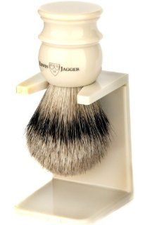 Edwin Jagger Large Silver Tip Badger Hair Shaving Brush With Drip Stand   Imitation Ivory Health & Personal Care