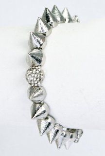 Rhodium Plated Metal Spike Studded Stretch Bracelet with Clear Crystals Jewelry