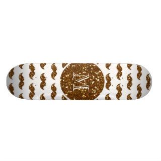 Bronze Glitter Mustache Pattern Your Monogram Skate Board