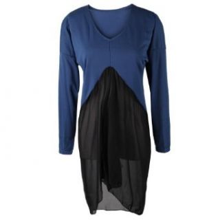 Gamiss Women's V Neck Colorblock Long Sleeve Chiffon Split Jiont High Low T shirt, Blue, Regular Sizing 0
