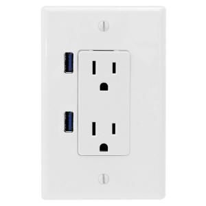 U Socket 15 Amp AC Decor Duplex Wall Outlet   White with Built in USB Charger Ports ACE 7702