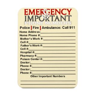 Emergency and Important phone numbers magnet