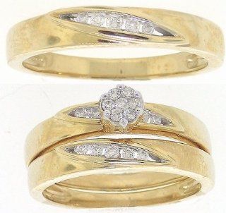 0.25 Carat (ctw) 10K Yellow Gold Round Diamond Men & Women's Cluster Flower Engagement Ring Trio Bridal Set 1/4 CT Wedding Ring Sets Jewelry