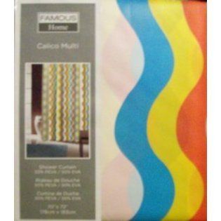 Famous Home Calico Wavy Multicolor Stripe PEVA Shower Curtain Orange, White, Yellow, Aqua  