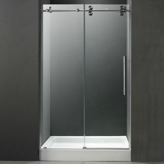 VIGO 48 inch Frameless Center Drain Shower Door 0.375 inch Clear Glass With White Base Shower Doors
