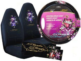 5 Piece Ed Hardy Auto Interior Accessories Set   2 Universal Fit Seat Covers and Faux Suede Steering Wheel Cover and 2 Seat Belt Covers   Love Kills Automotive