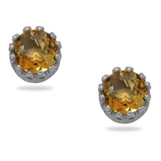 Sterling Silver Crown set 6 mm Round cut Citrine Stud Earrings Gemstone Earrings