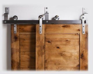 Bypass Barn Door Hardware System   7 Ft Raw Steel Finish Includes 4 Hangers   Steel Rollers   Home And Garden Products