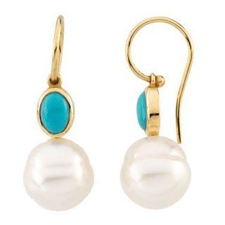 14K Yellow South Sea Cultured Pearl & Genuine Turquoise Earring Pair 07.00X05.00Mm/11.00Mm 64081 Dangle Earrings Jewelry