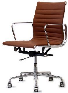 Ribbed Mid Back Office Chair in Genuine Terra Cotta Leather   Desk Chairs