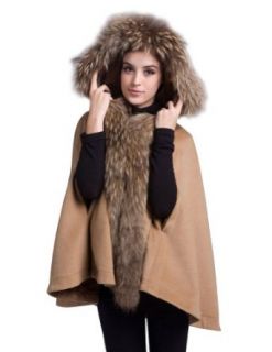 Kattee Women's Raccoon Fur Collar Hooded Thicken Wool Cape Cloak