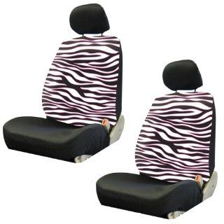 White Zebra Animal Print Safari w/ Black Stripes & Pink Trim Car Truck SUV Low Back Bucket Seat Covers   PAIR Automotive