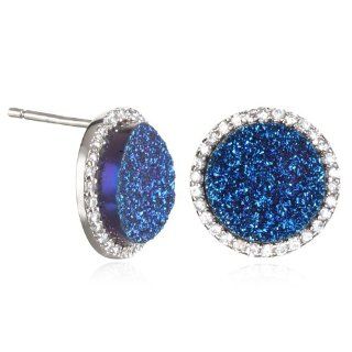 Blue Drusy Stud Earring with White CZ CHELINE Jewelry