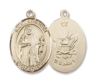 Gold Filled St. Brendan the Navigator Navy Medal Pendant Charm with 24" Gold Chain , Us Navy Armed Forces, Military Emblem on Back. Catholic Saint Brendan Patron Saint of Sailors, Military, Seafarers, Navigators. Jewelry
