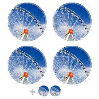 Spinning Giant Wheel Carnival Ride Round Coaster (6 Piece) Circle Set Fabric Rubber 5 1/8 Inch (130mm) Size Coaster Cup Mug Can Water Bottle Drink Coasters Stain Resistance Collector Kit Kitchen Table Top Desk Kitchen & Dining