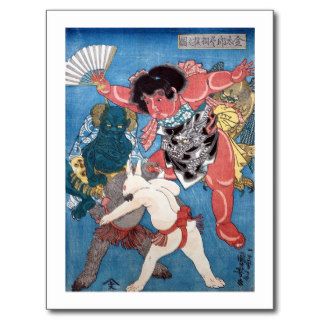 金太郎と動物,国芳 Kintaro & Animals, Kuniyoshi, Ukiyo e Post Cards