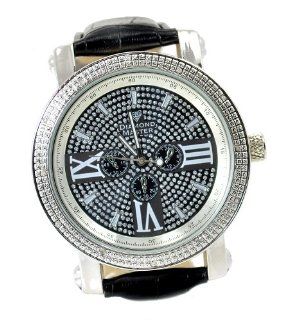 Mens Diamond Hip Hop Silver Tone Watch 50mm Bezel Black Leather Strap Watches