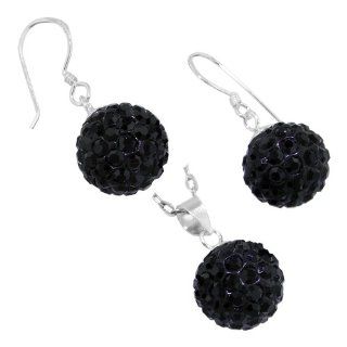 Sterling Silver and Black Crystal Glass 12mm Disco Ball Pendant and Dangle Earrings Set Jewelry