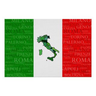 Cities, Map, and Flag of Italy Poster