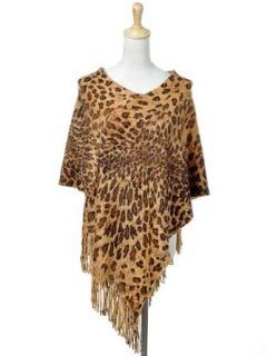 Anna Kaci S/M Fit Brown Leopard Cheetah Print Fringe Long Draped Shawl Cape Pullover Sweaters