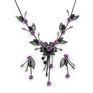 Delicate Y Shape Purple Rose Necklace & Drop Earring Set In Black Metal Jewelry
