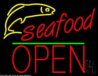 Seafood Logo Block Open Green Line Clear Backing Neon Sign 24" Tall x 31" Wide  Business And Store Signs 