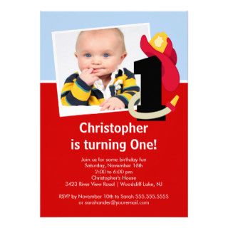 Photo Little Firefighter Boy First Birthday Party Personalized Invitation
