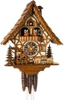 River City Clocks MD484 14 One Day Musical Cuckoo Clock Cottage with Dancers, Waterwheel, And Goats, 14 Inch Tall  