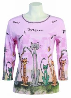 Jess N Jane "Meow Meow" Dressy Ladies Rhinestone Bling Tee Shirt Top Pink Clothing