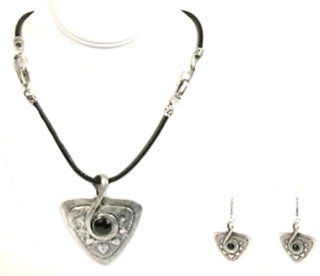 Silver and Black Triangle Pendant Necklace and Earrings Set Jewelry