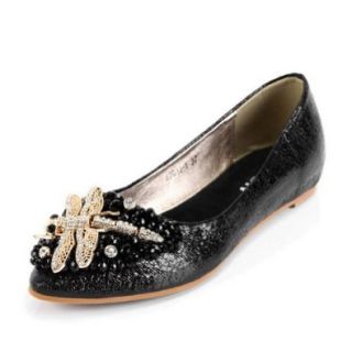 Kvoll Lady's Sweet PU Flat Shoes with Metal Dragonfly,Gold,38 Shoes
