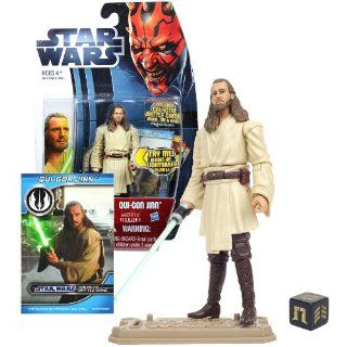 Hasbro Year 2012 Star Wars Movie Heroes Galactic Battle Game Series 4 Inch Tall Action Figure   MH18 QUI GON JINN with Light Up Green Lightsaber Blade, Battle Game Card, Die and Figure Display Base Toys & Games