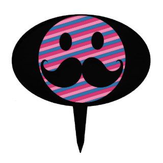 Retro Pink Striped Mustache Smiley Face Cake Topper