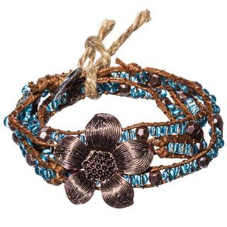 Blue Beads and Rose Goldtone Flower Wrap Bracelet Jewelry