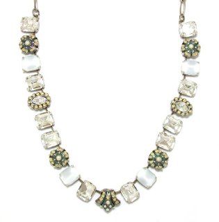 Mariana Antique Silver Plated "Magnolia" Collection Choker Necklace with Rectangle and Oval Large Crystals with Clear Crystal, White Alabaster and Sand Opal Swarovski Crystals Mariana Jewelry