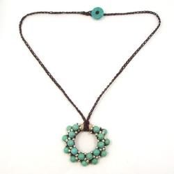Moon Cluster Turquoise Silver Beads Accents Cotton Rope Necklace (Thailand) Necklaces