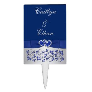 Blue, Silver Floral, Hearts Wedding Cake Pick