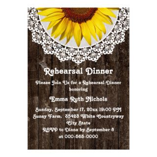 Sunflower, doily old wood wedding rehearsal dinner personalized invitations