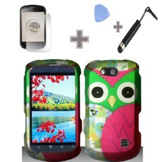 Rubberized Black Green Purple Silver Owl Eyes Snap on Design Case Hard Case Skin Cover Faceplate with Screen Protector, Case Opener and Stylus Pen for ZTE Groove X501   Cricket Cell Phones & Accessories