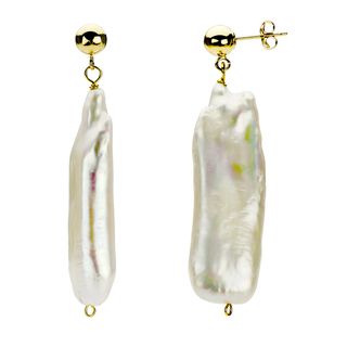 DaVonna 14k Yellow Gold White FW Biwa Pearl Drop Earrings (10 25 mm) DaVonna Pearl Earrings