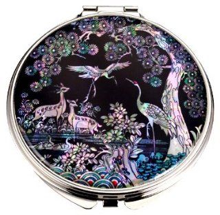 Silver J Hand mirror, compact type, handmade mother of pearl gifts, pine & cranes   Personal Makeup Mirrors